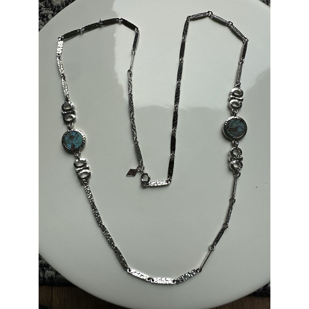 Sarah Coventry Necklace Faux Turquoise Hammered Bar Silver Tone 30” Vintage